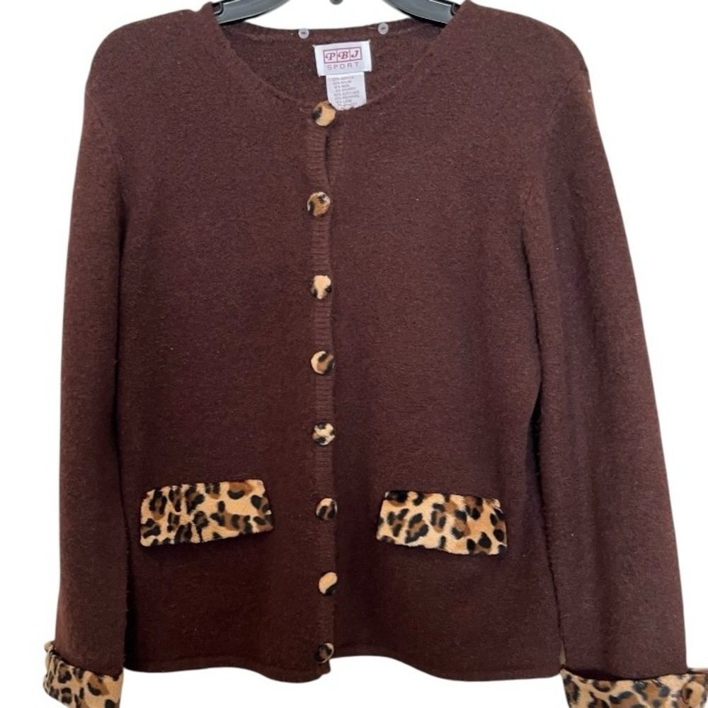 Brown Cardigan lady jacket with Leopard Print accents wool blend size small